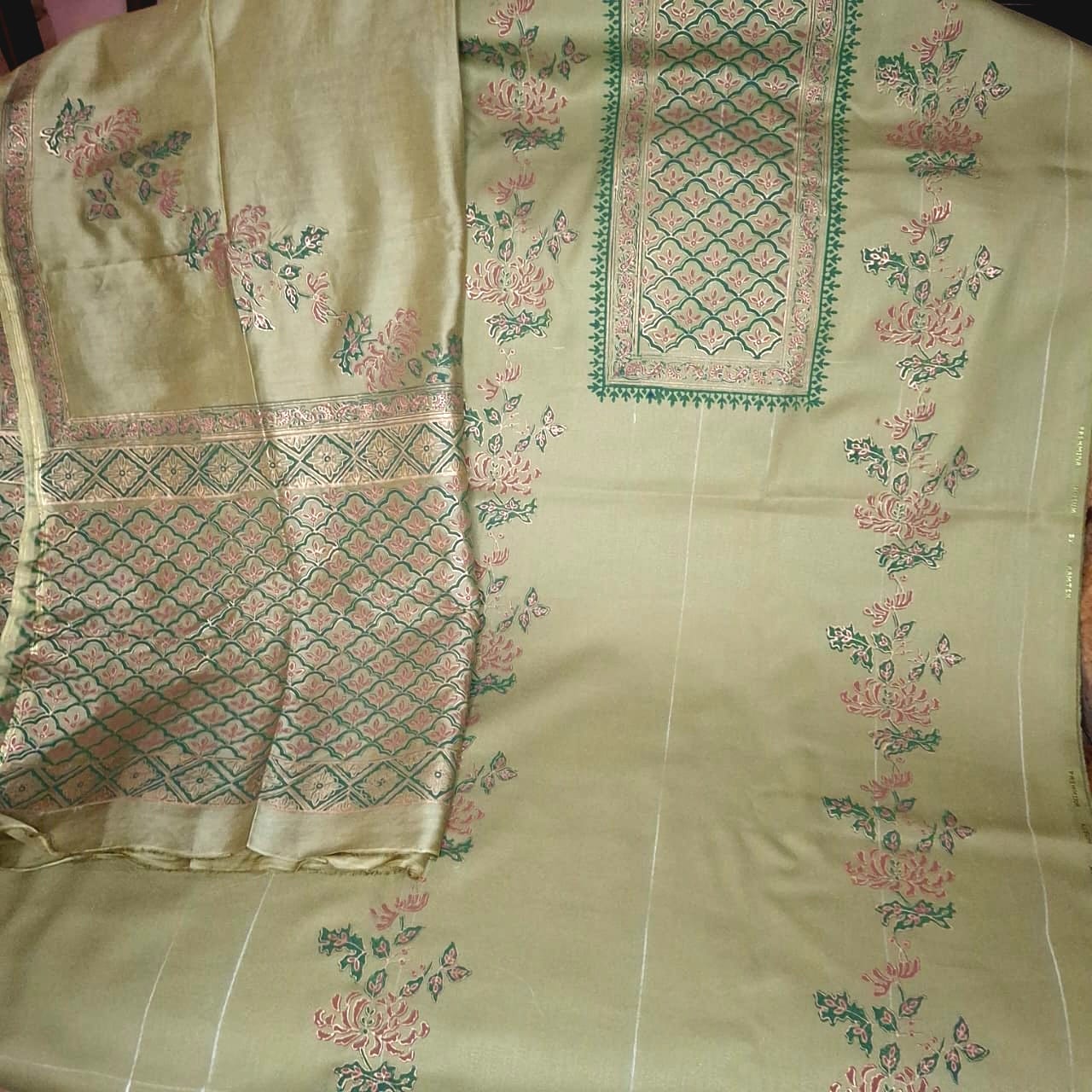 Pashmina Light Olive Green Block Print Suit