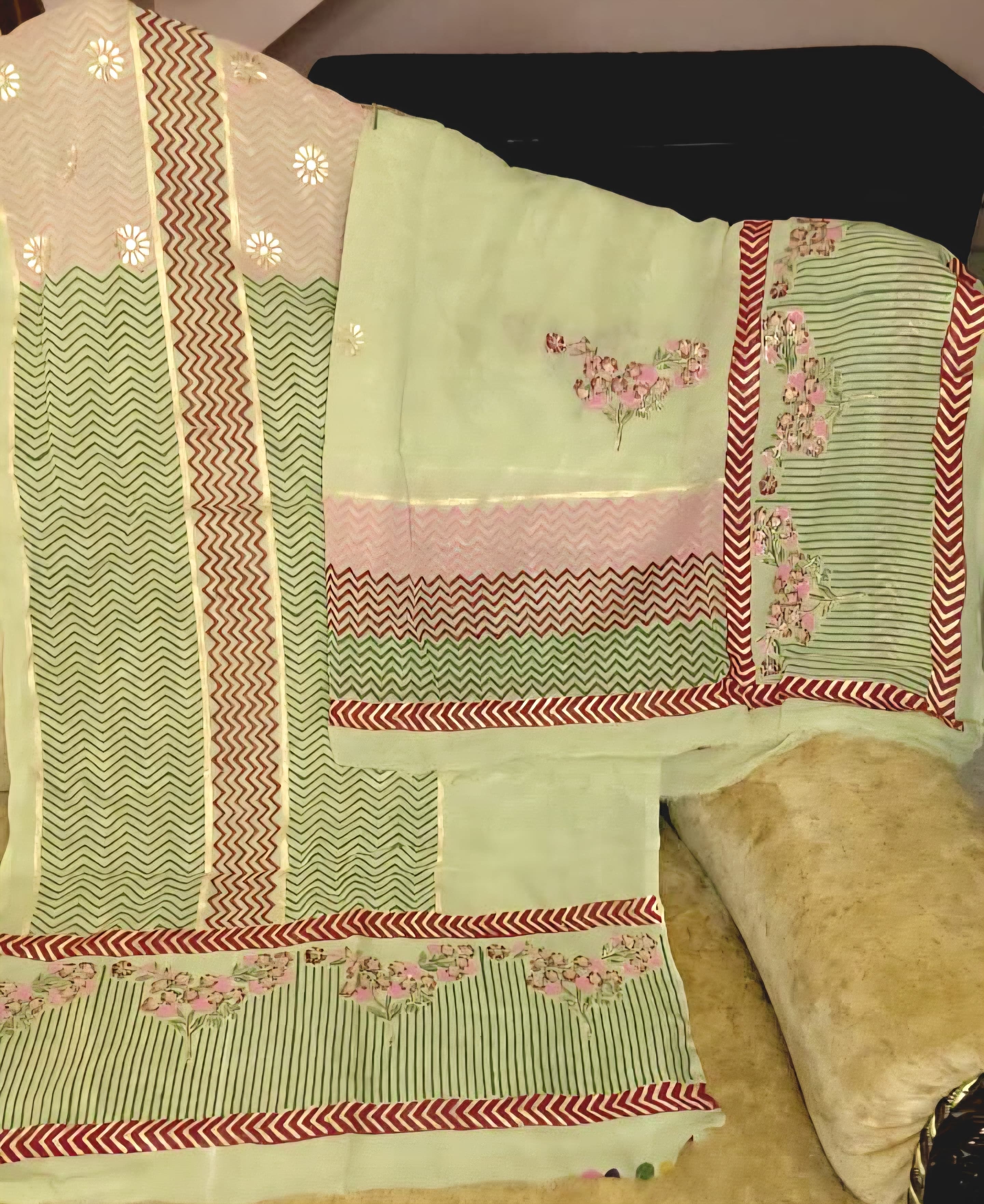 Georgette Pastel Green Block Print Suit