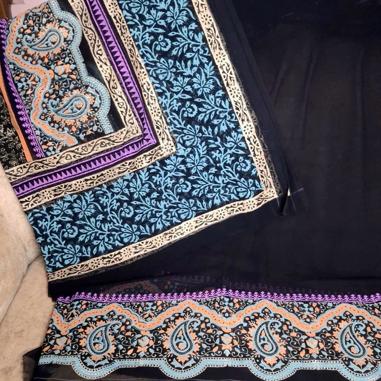 Black Georgette Block Print Suit